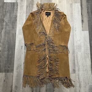 Ashley Stewart Suede Fringe Coat Long Leather Womens Fringed Duster Clasp Coat